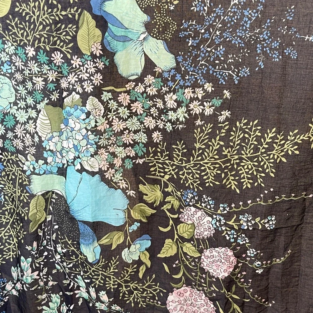 Bohemian Floral Print Square Scarf Shawl Tassel Trim Blue Green Pink Art to Wear